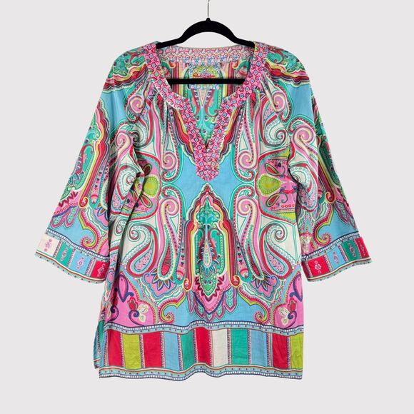 Robert Graham Womens Top Pink Tunic Paisley V Neck Embroidered Blouse Boho XL - Picture 1 of 12